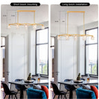 Comparison diagram showing the Genevieve Chandelier mounted with short and long boom rods in a dining room