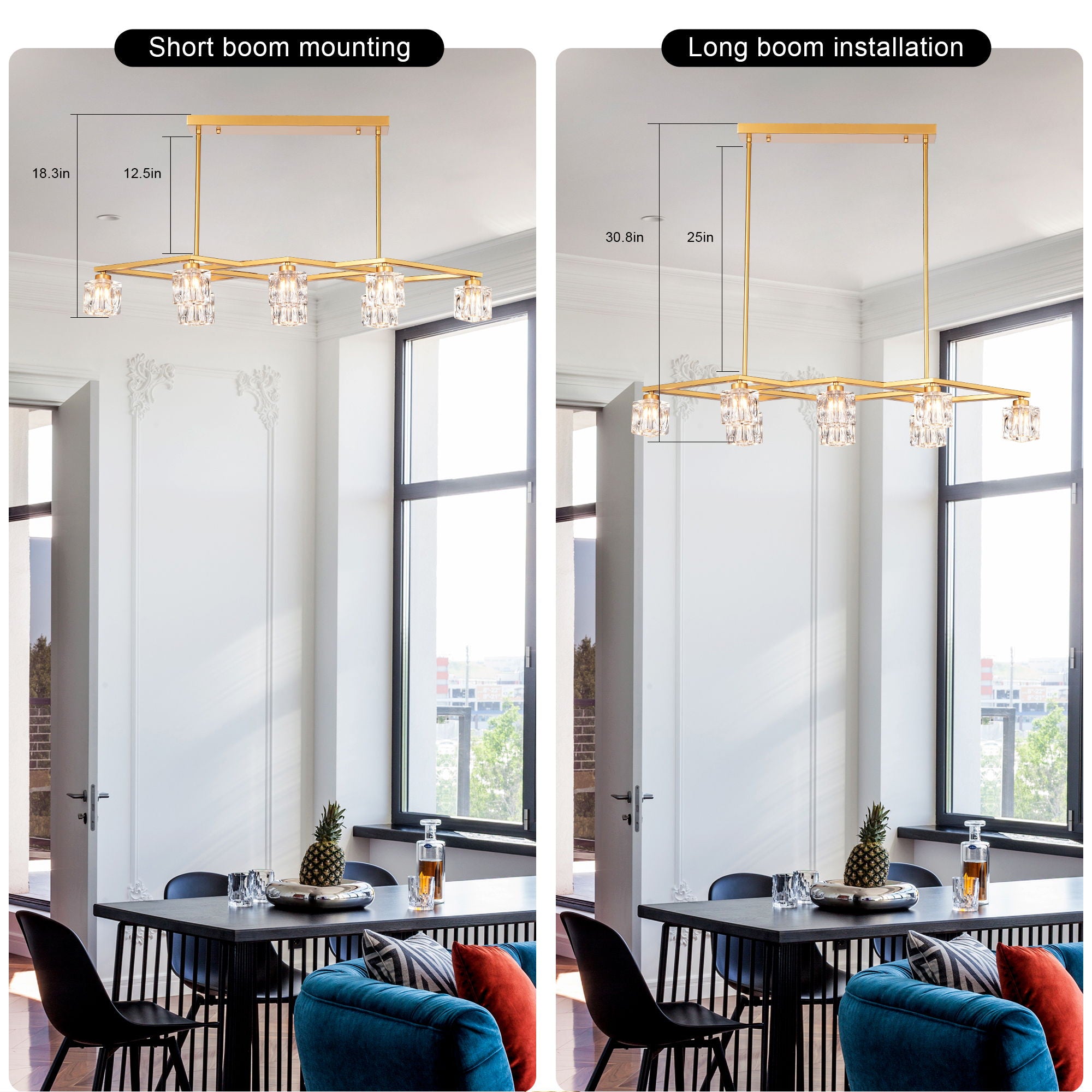 Comparison diagram showing the Genevieve Chandelier mounted with short and long boom rods in a dining room