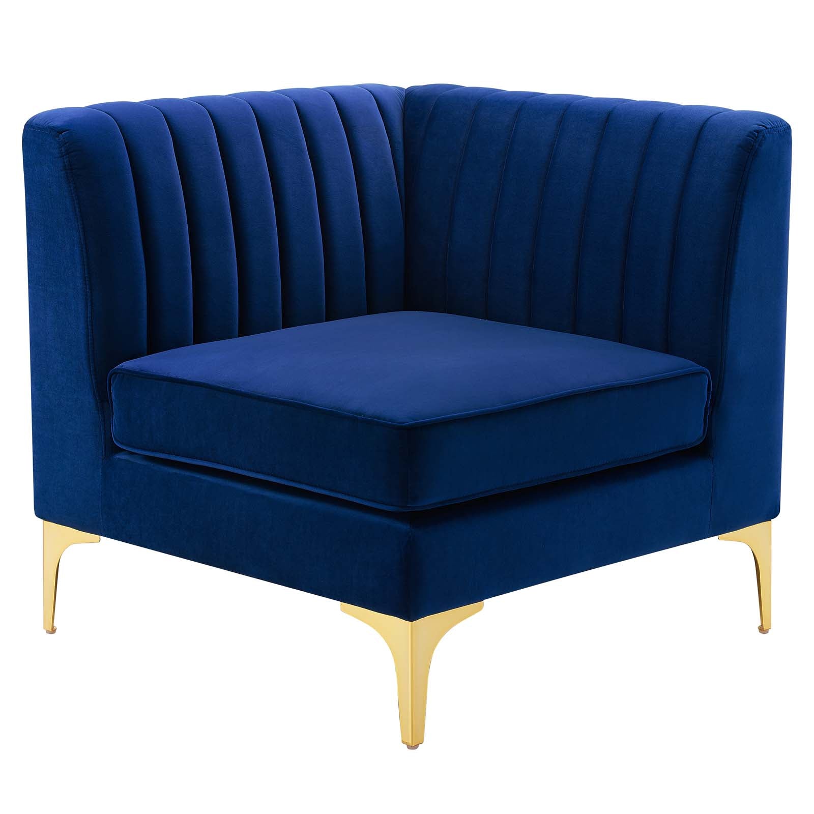 Navy channel-tufted velvet corner chair with gold metal legs, shown against a white background