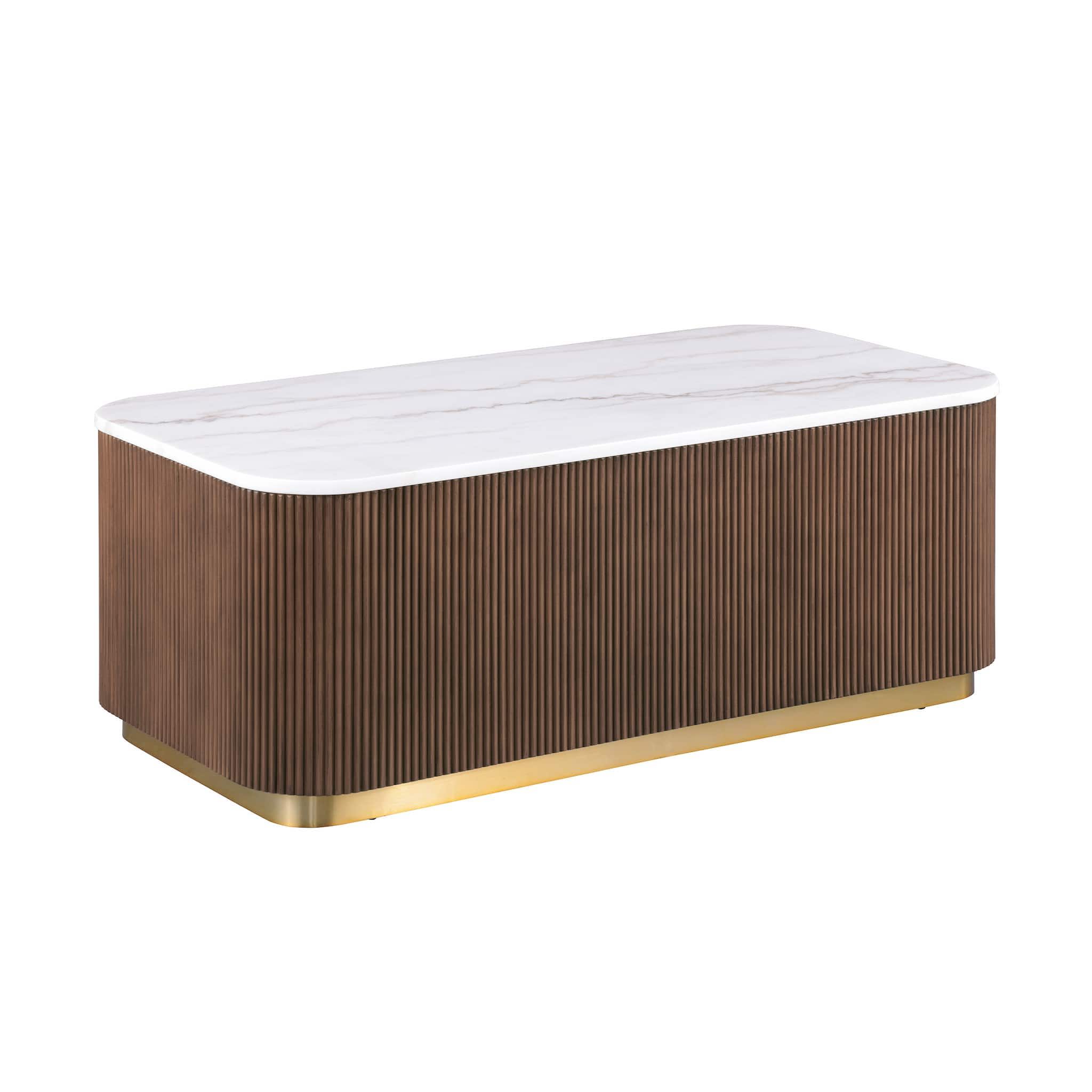 Rectangular marble-top cocktail table with reeded walnut base and brushed gold trim on a white background