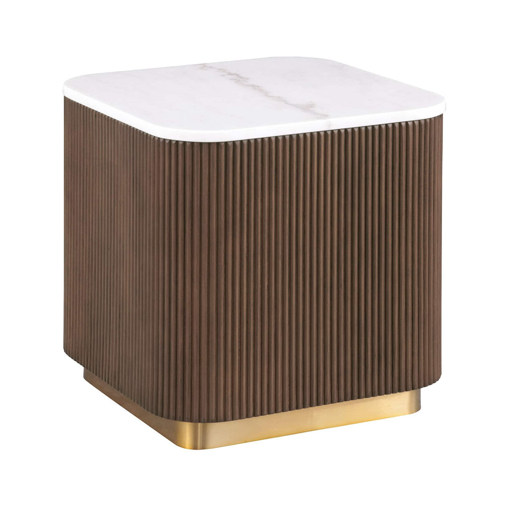 Square marble-top end table with reeded walnut base and gold trim on a white background
