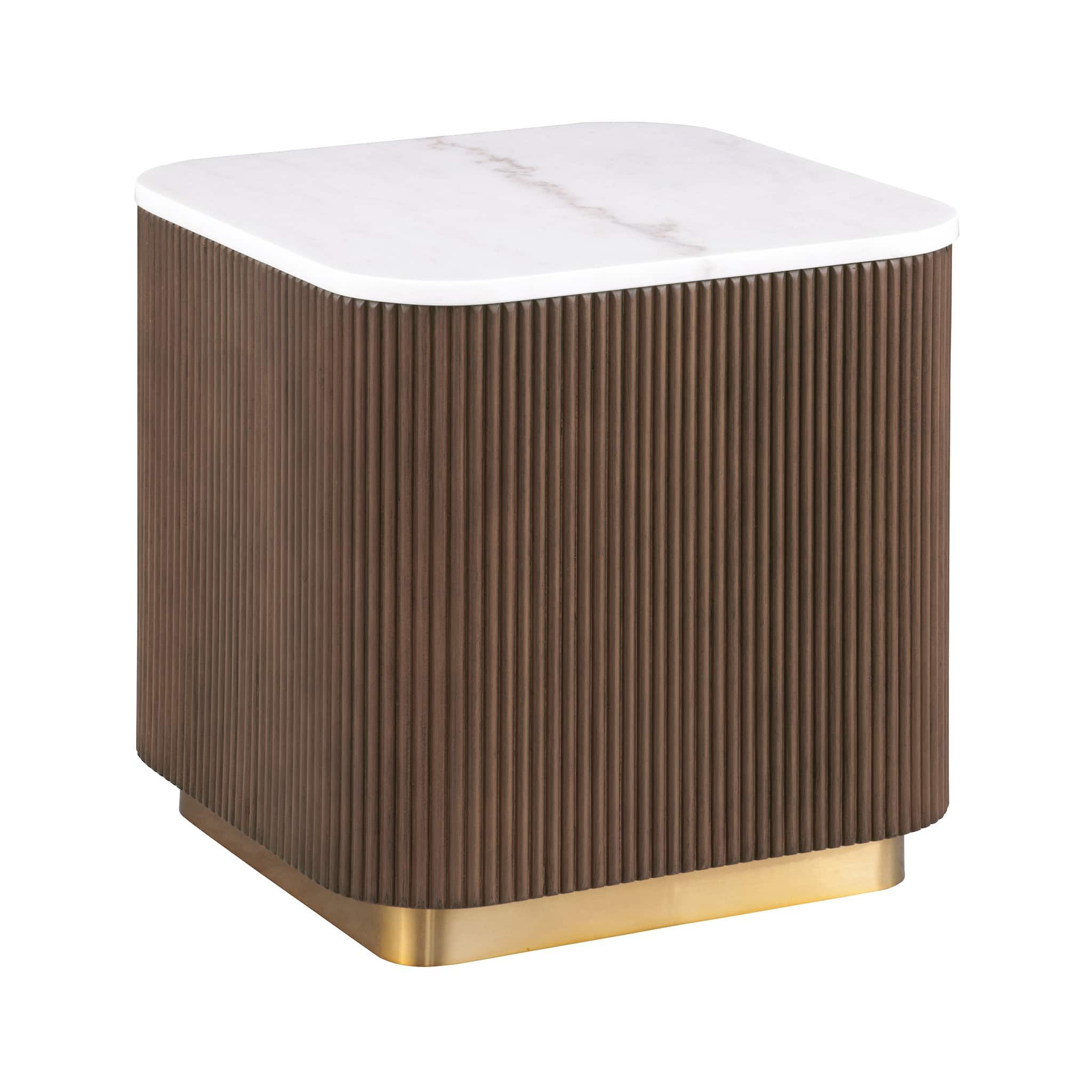 Square marble-top end table with reeded walnut base and gold trim on a white background