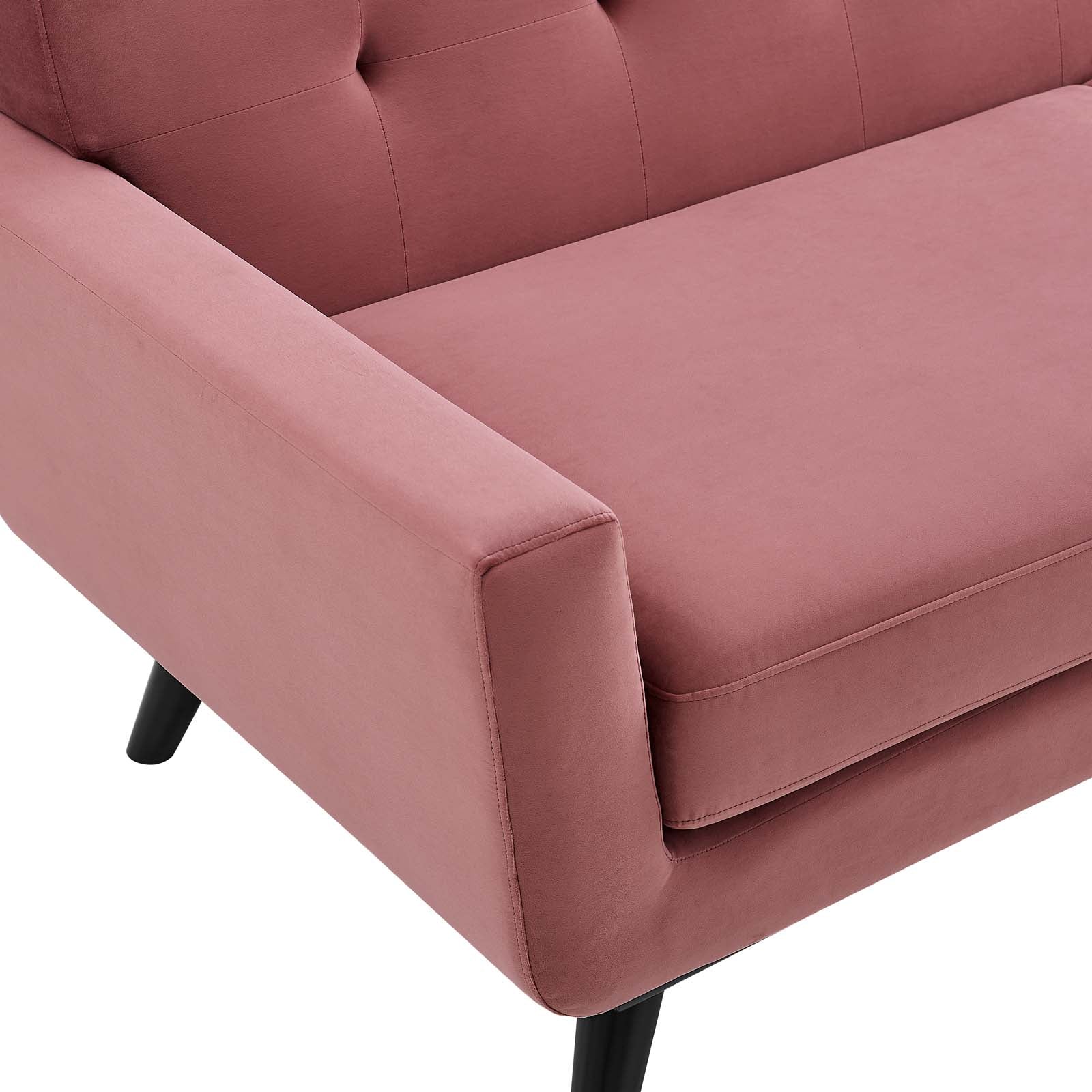 Close-up of tufted button backrest and seam detail on the Camille Armchair in dusty rose velvet