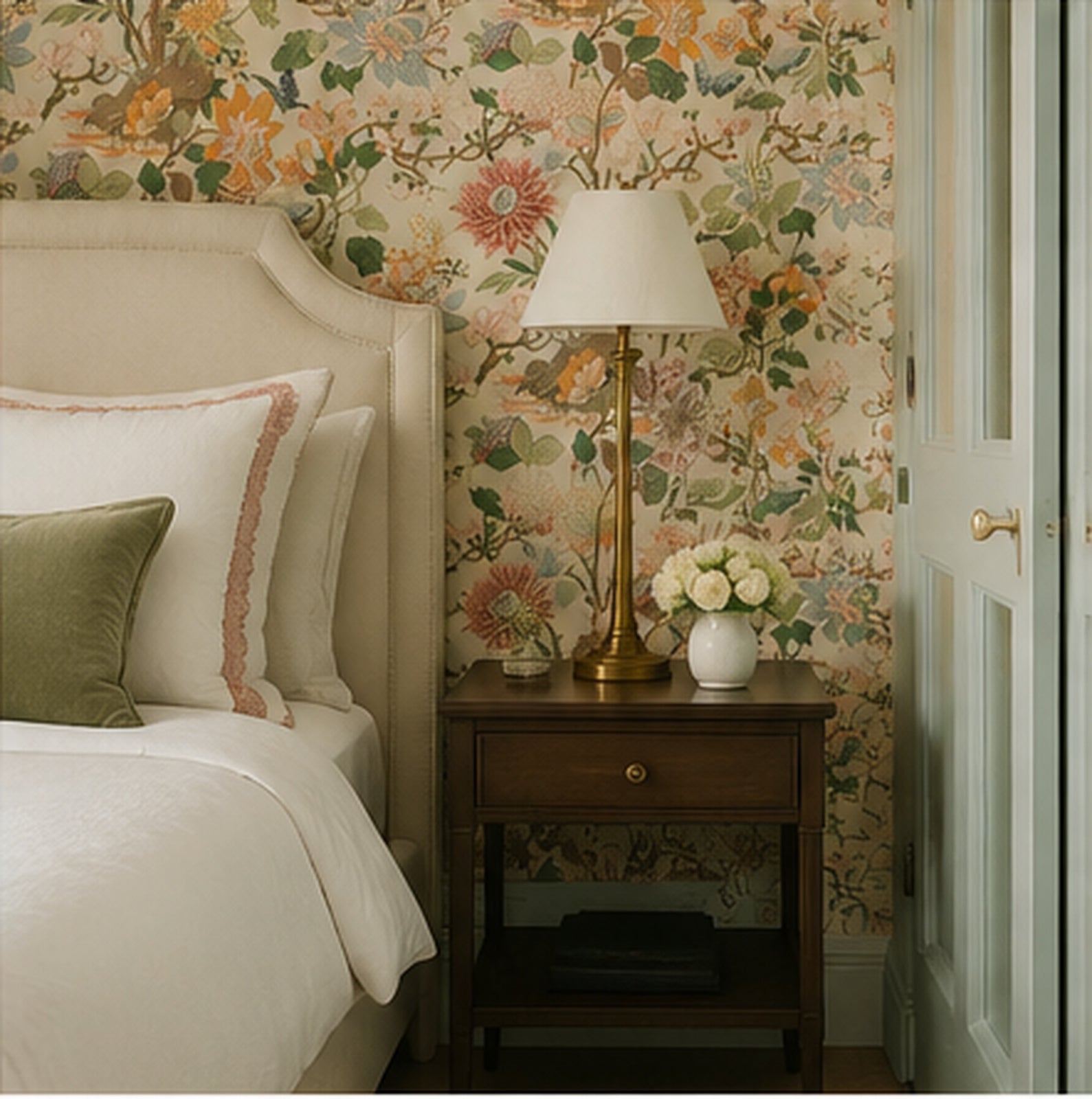 Editorial visualization of Magnolia wallpaper wrapping a refined bedroom in warm botanical color with layered neutral furnishings.