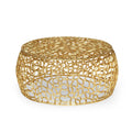 Round gold cast aluminum coffee table with an organic mesh lattice base, shown against a white background