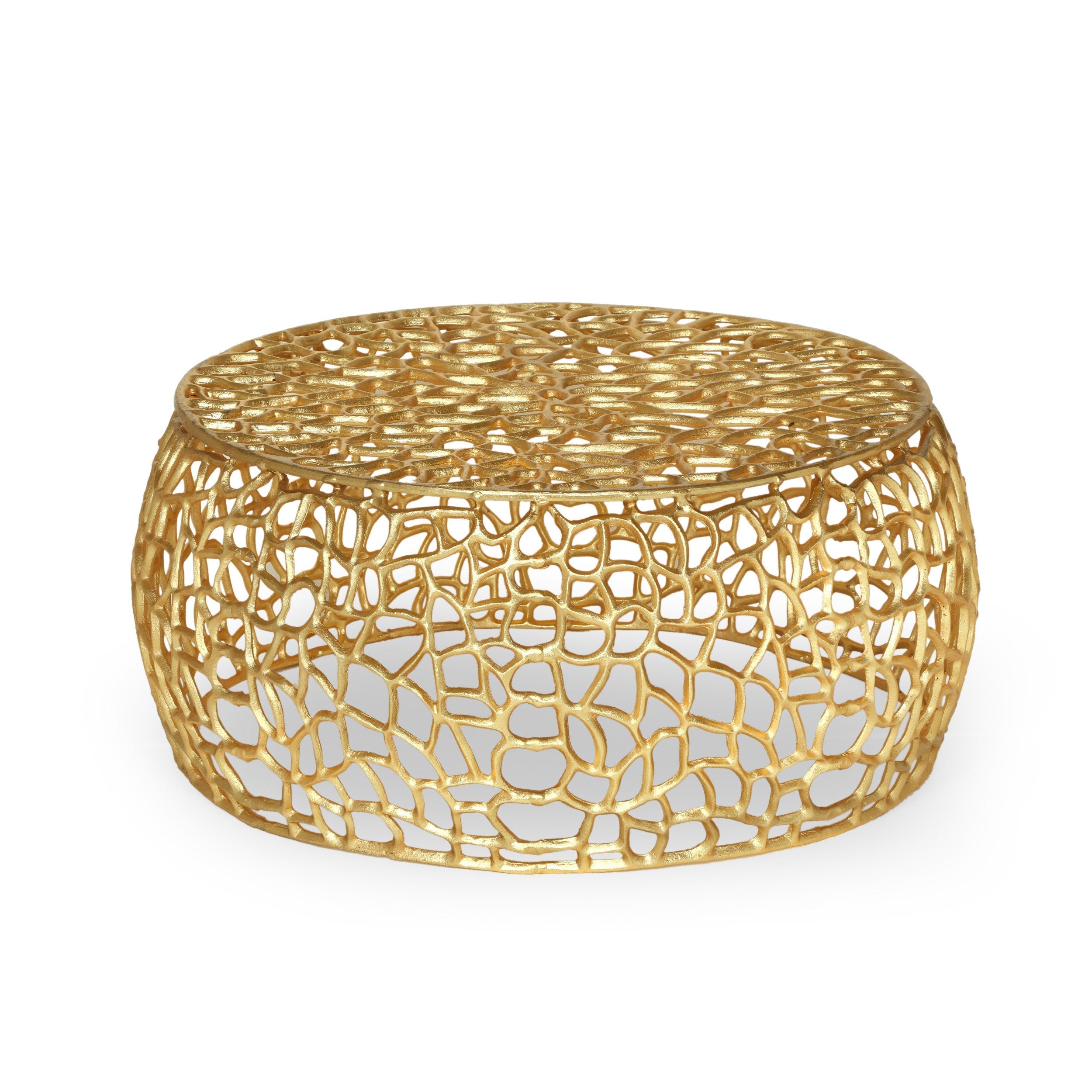 Round gold cast aluminum coffee table with an organic mesh lattice base, shown against a white background
