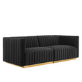 Black channel-tufted velvet sectional loveseat with brushed gold base