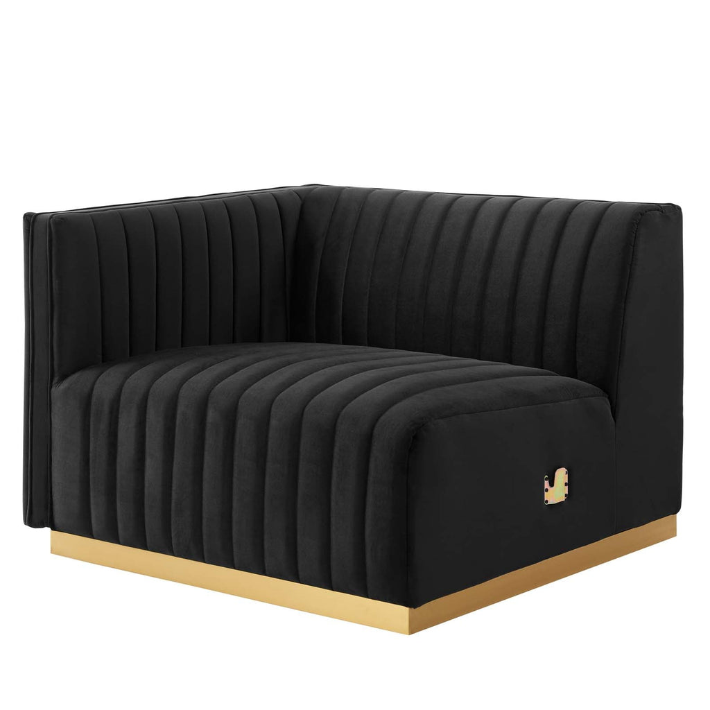 Single right-arm section of the Marceau Loveseat showing channel tufting and gold base construction