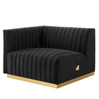 Single right-arm section of the Marceau Loveseat showing channel tufting and gold base construction