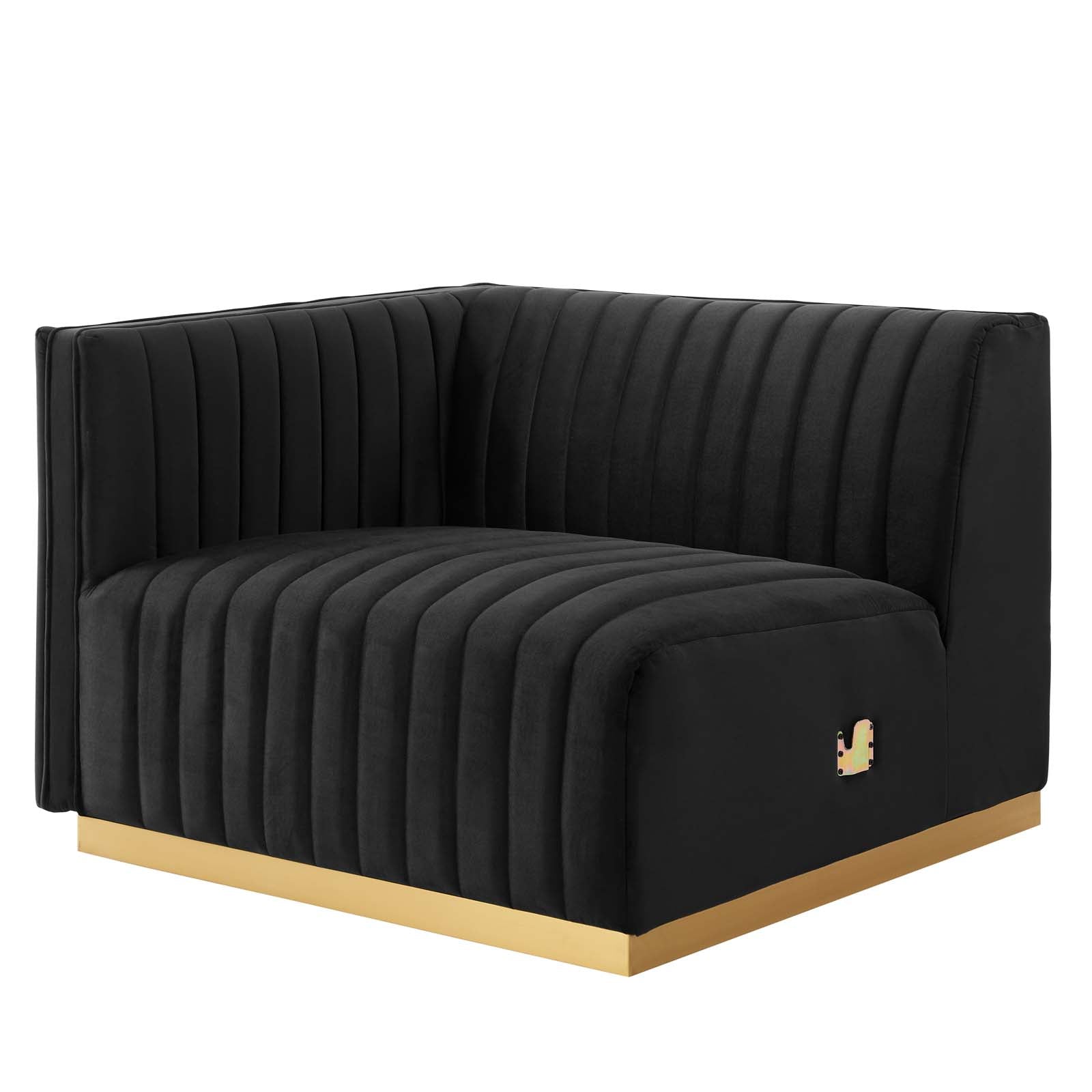 Single right-arm section of the Marceau Loveseat showing channel tufting and gold base construction