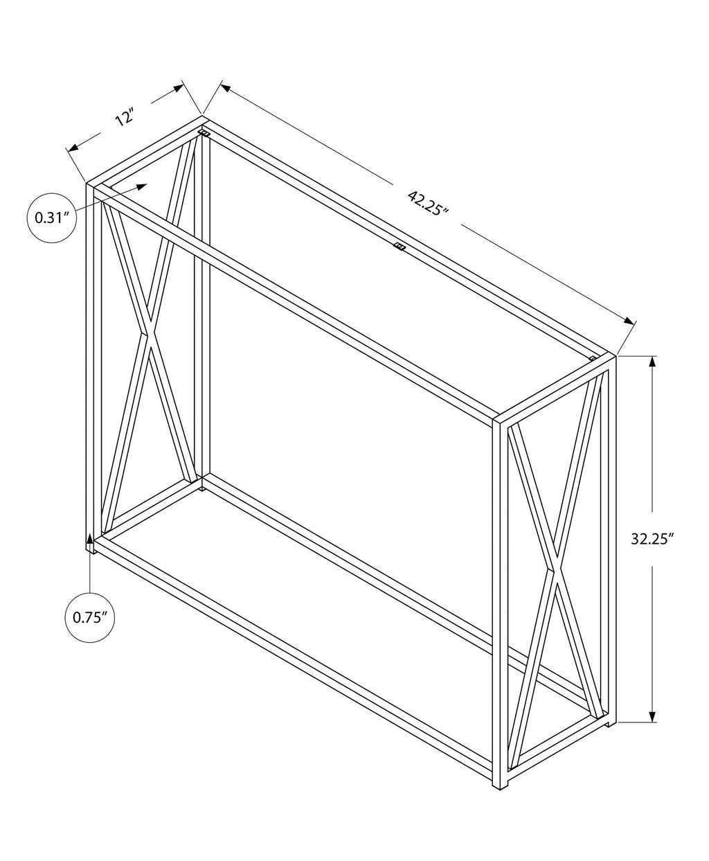 Diagram showing the console table's width, depth, and height measurements along with frame thickness details
