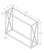 Diagram showing the console table's width, depth, and height measurements along with frame thickness details