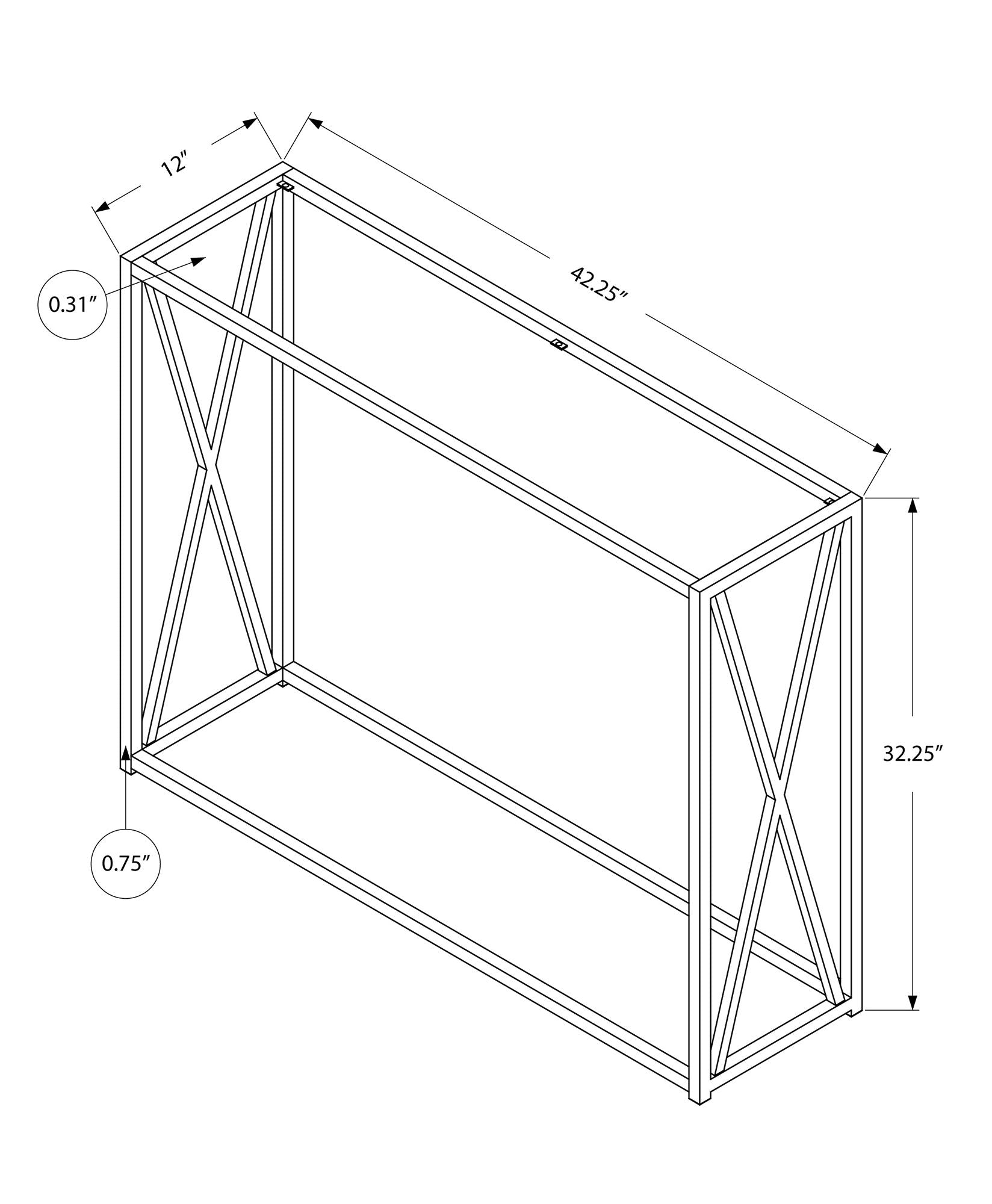 Diagram showing the console table's width, depth, and height measurements along with frame thickness details