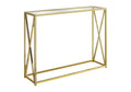 Gold metal console table with crossed X-frame base and glass top, shown against a white background