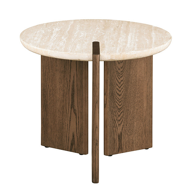 Round travertine side table with notched center leg and ash panel tripod base on a white background