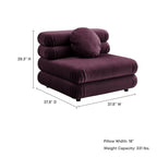 Diagram showing the chair's height, width, and depth measurements alongside pillow width and weight capacity