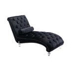 Black velvet S-curve chaise lounge with nailhead trim and acrylic feet on a white background
