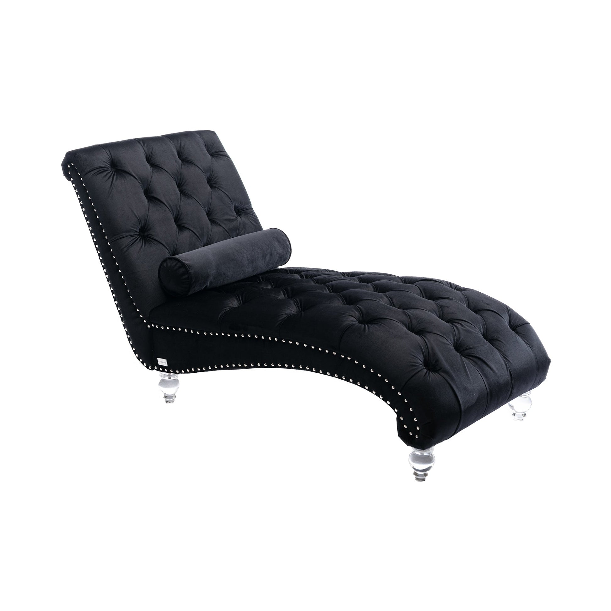 Black velvet S-curve chaise lounge with nailhead trim and acrylic feet on a white background