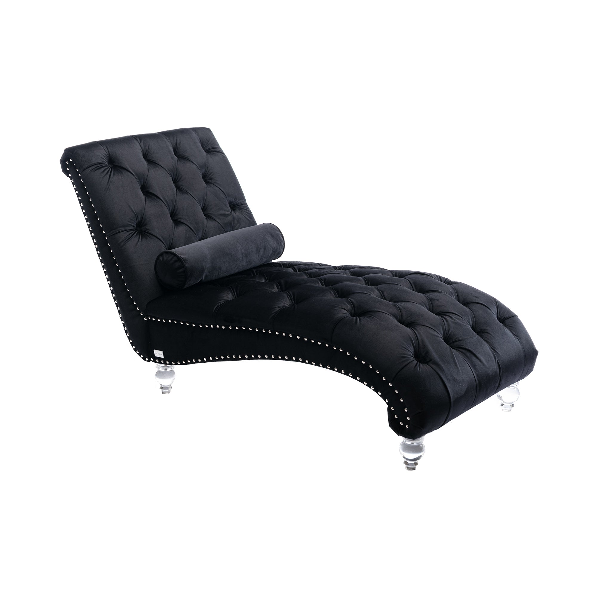 Black velvet S-curve chaise lounge with nailhead trim and acrylic feet on a white background