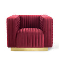 Symmetrical front orthographic view of the architectural maroon velvet Rubis Bloc Armchair showcasing its crisp tuxedo frame and recessed gold base.