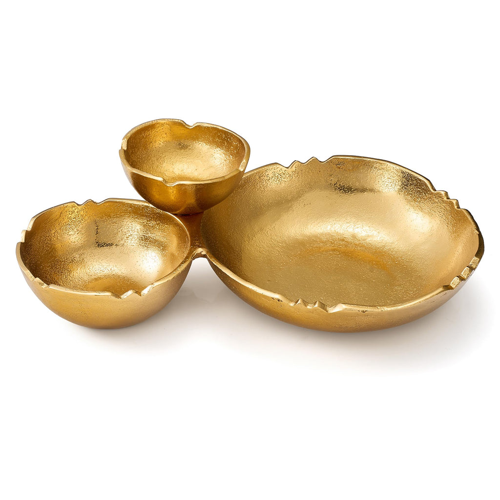 Three connected gold aluminum bowls with irregular, fractured rims, shown against a white background