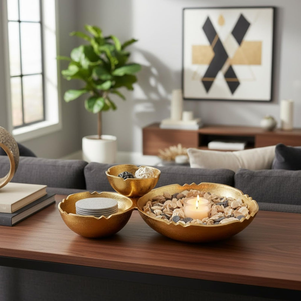 Gold aluminum bowl trio displayed on a wood coffee table holding coasters, decorative stones, and a lit candle, styled in a living room