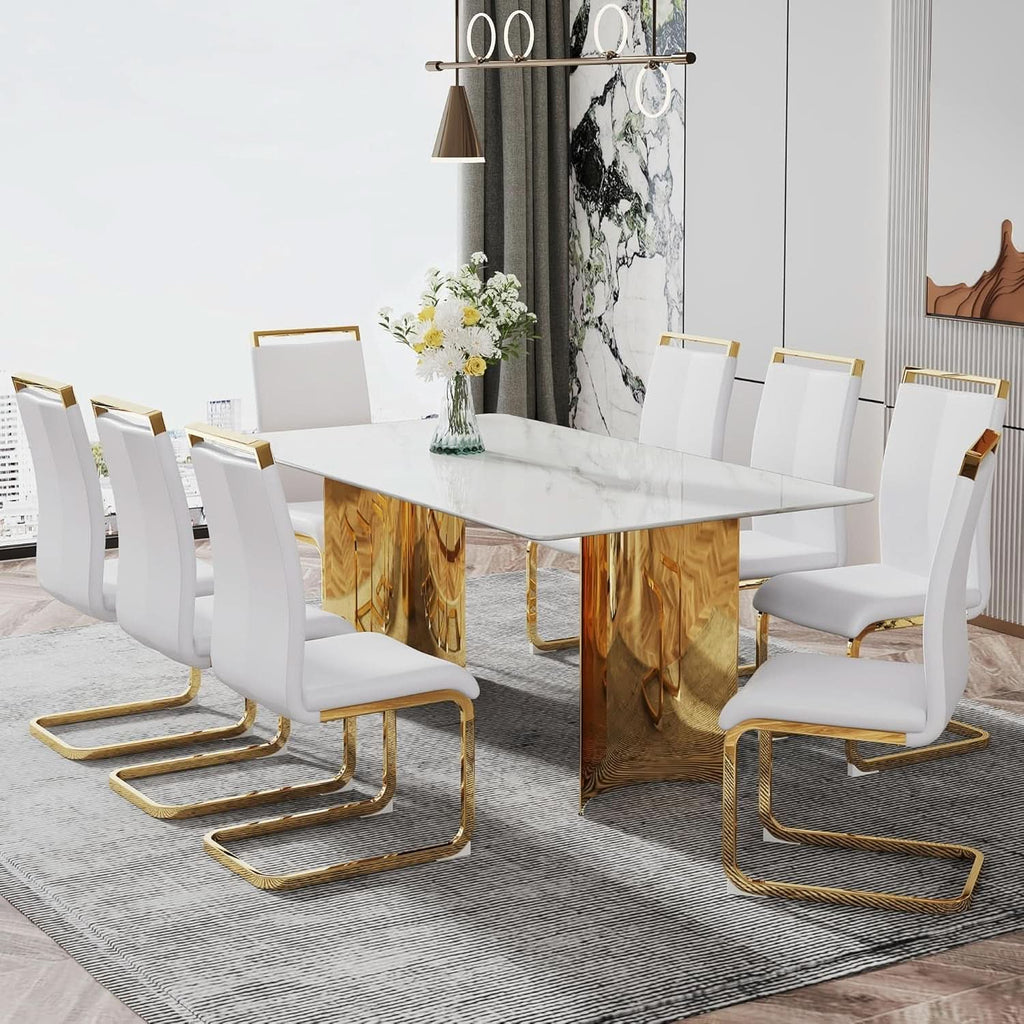 Gold-base marble dining table paired with white upholstered chairs, seats eight