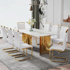 Gold-base marble dining table paired with white upholstered chairs, seats eight