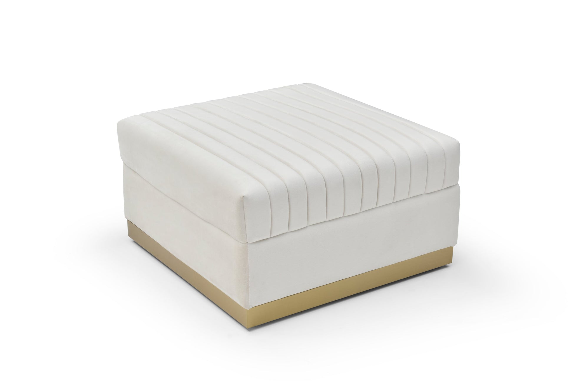 Ivory velvet channel-tufted ottoman with brushed gold base shown from a high angle on a white background