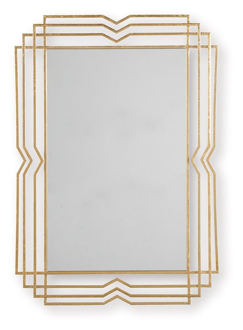 Rectangular gold mirror with a layered, stepped frame and chevron detailing, shown against a white background