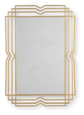 Rectangular gold mirror with a layered, stepped frame and chevron detailing, shown against a white background