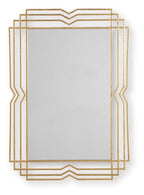Rectangular gold mirror with a layered, stepped frame and chevron detailing, shown against a white background