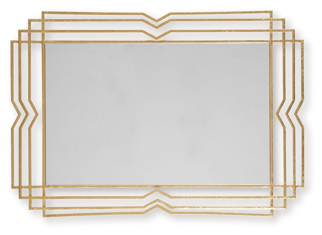 Straight-on view of the rectangular gold mirror showing its complete stepped, chevron-edged frame