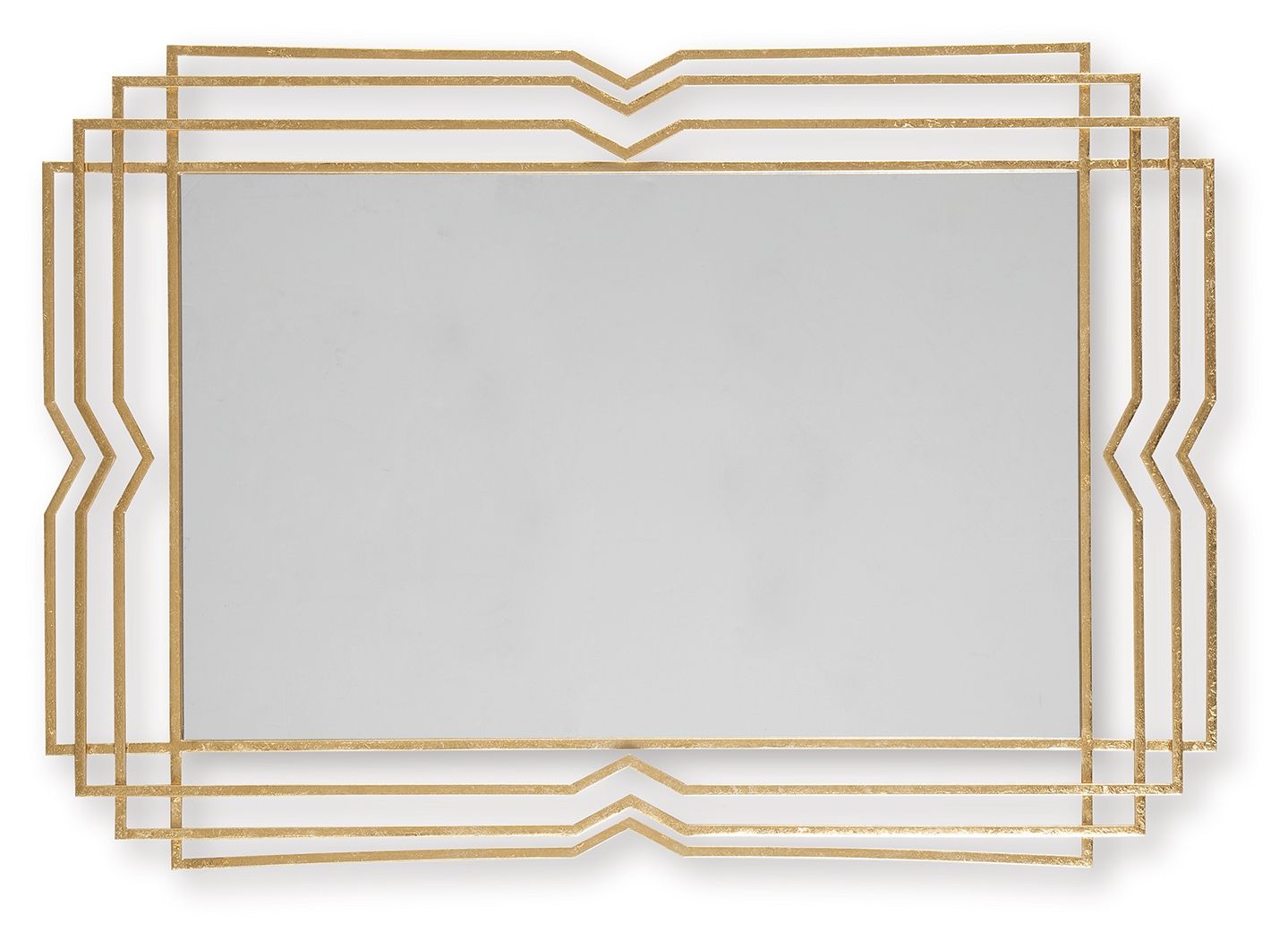 Straight-on view of the rectangular gold mirror showing its complete stepped, chevron-edged frame