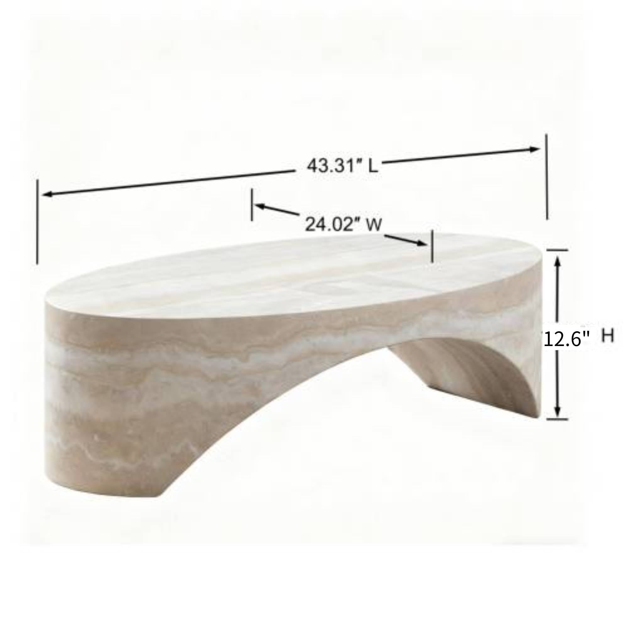 Line art dimension schematic of the low-profile oval white marble Voûte Coffee Table displaying height, length, and width measurements.