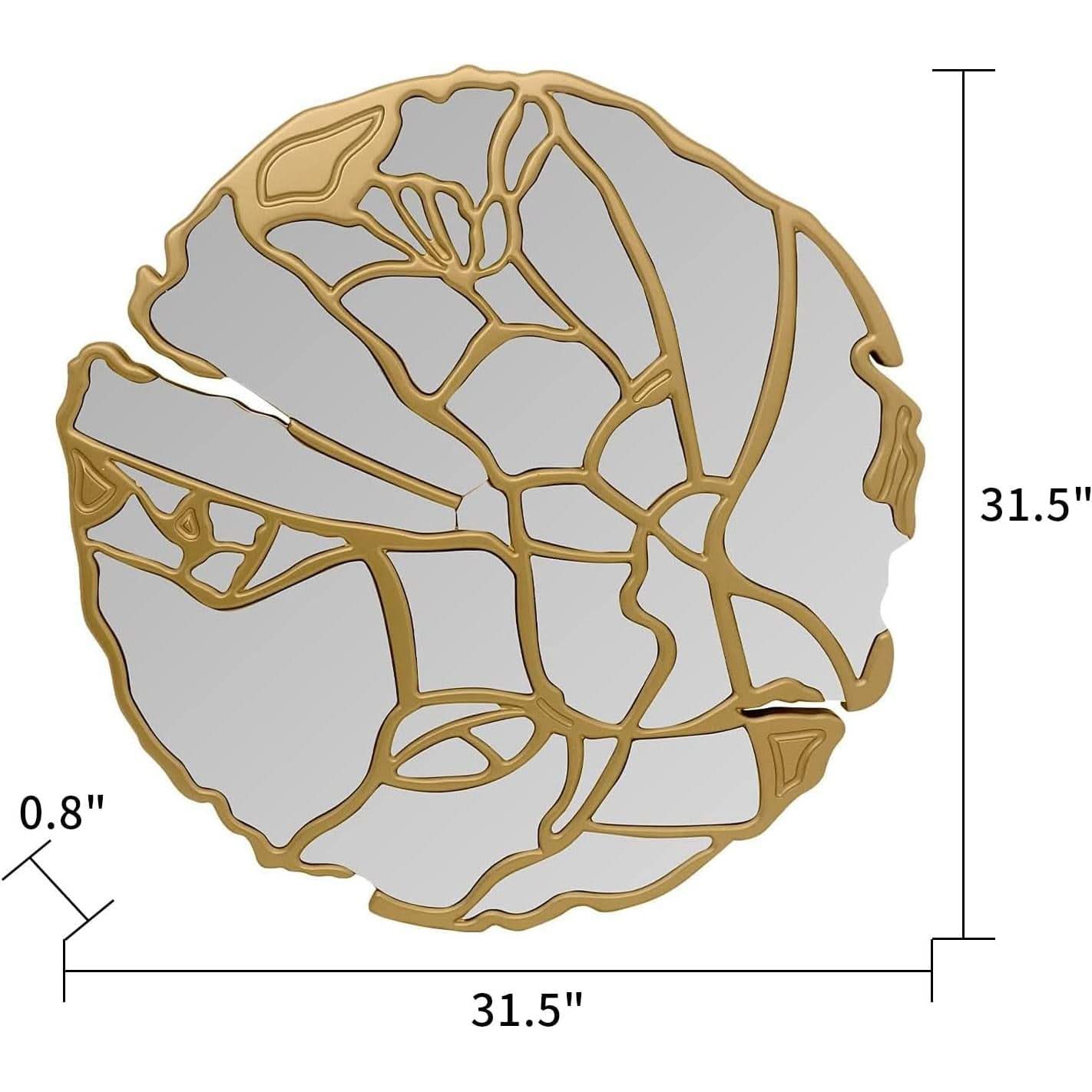 Round gold branch-frame wall mirror measuring 31.5 inches in diameter and 0.8 inches deep