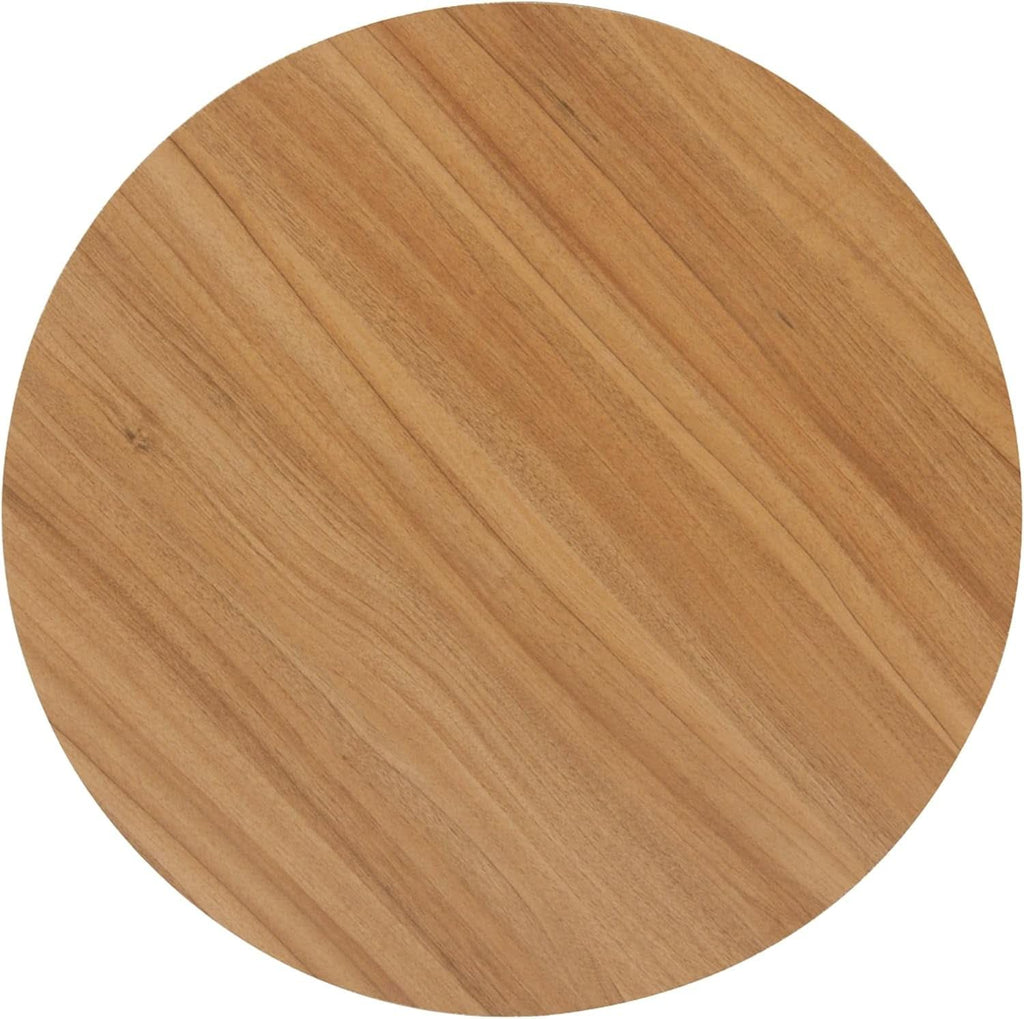 Top-down studio view of the circular, solid wood lid from the Element storage ottoman, showcasing the smooth surface and natural golden-brown wood grain patterns.