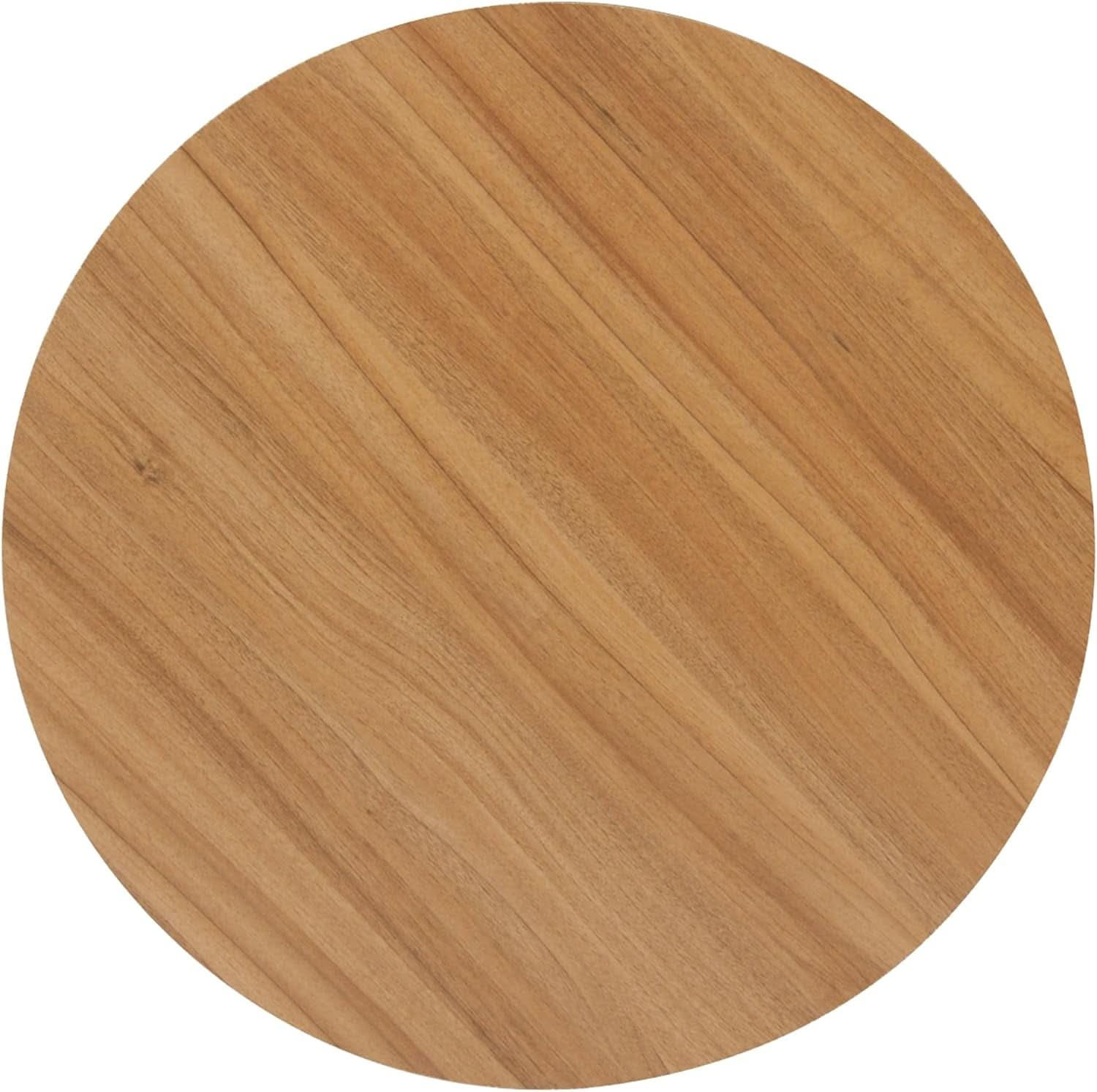 Top-down studio view of the circular, solid wood lid from the Element storage ottoman, showcasing the smooth surface and natural golden-brown wood grain patterns.