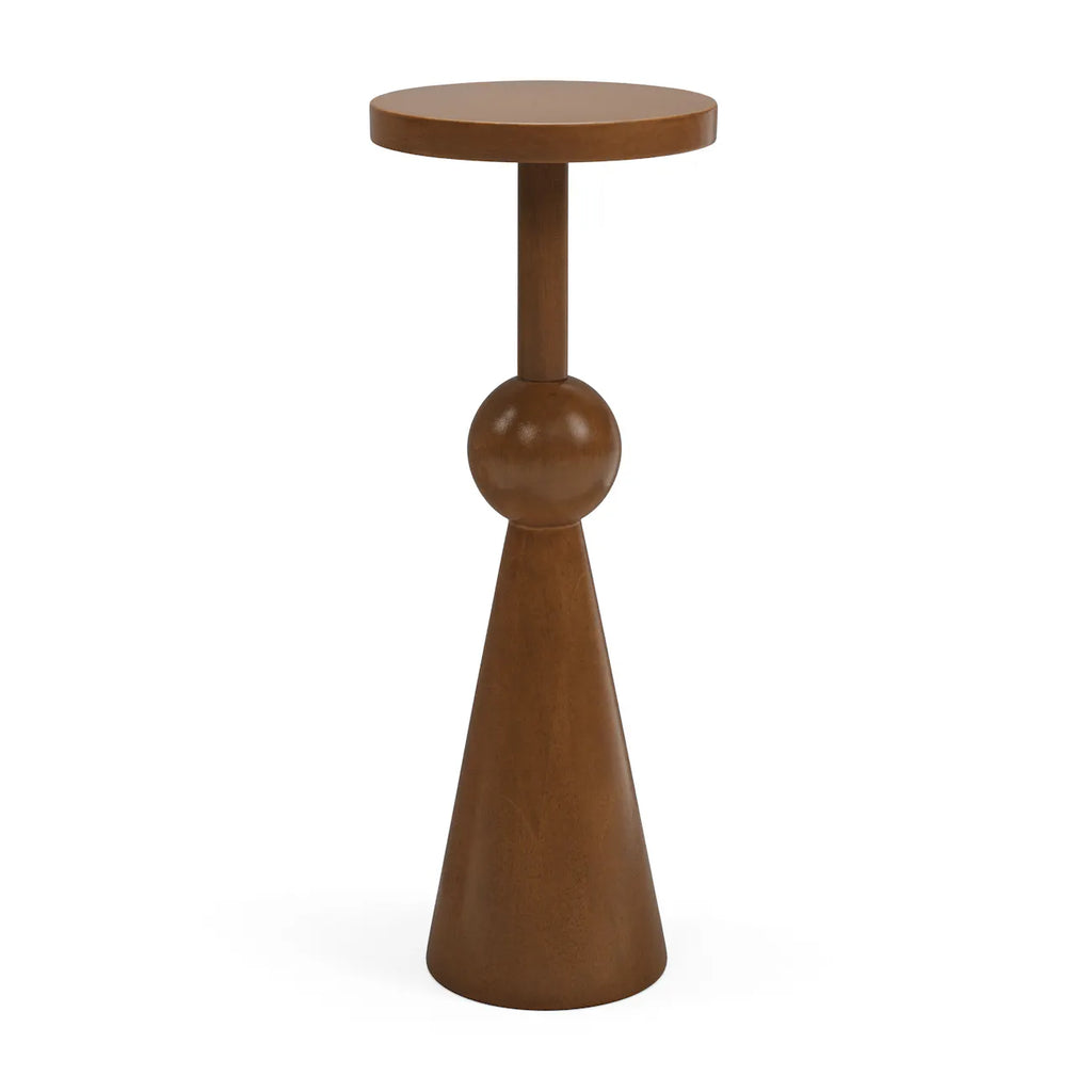 Sculptural walnut drinks table with disc top, sphere, and cone base, front view