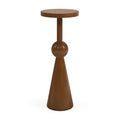 Sculptural walnut drinks table with disc top, sphere, and cone base, front view