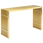 Gold tubular steel console table with repeating square-rail construction and open striated legs