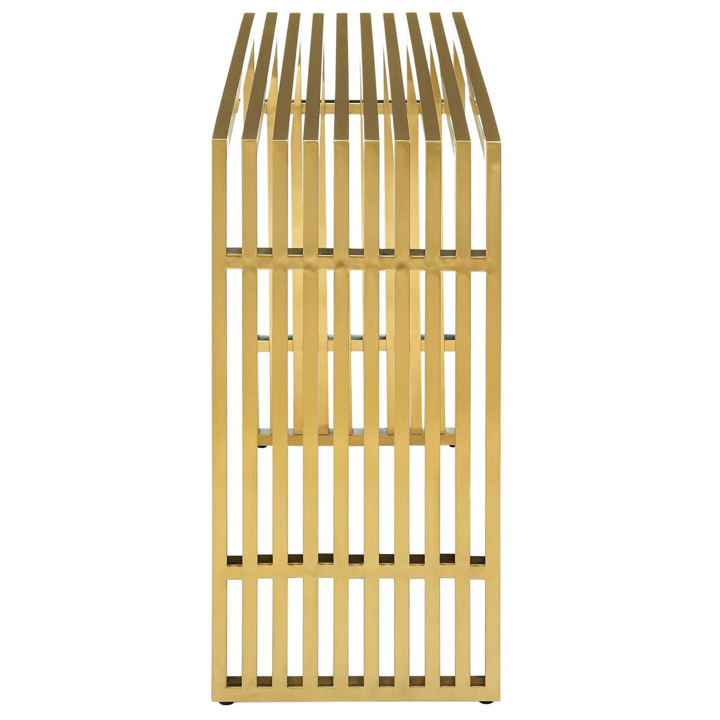 Straight-on side view of gold tubular steel console table showing full rail depth and structure