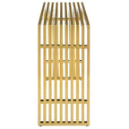 Straight-on side view of gold tubular steel console table showing full rail depth and structure
