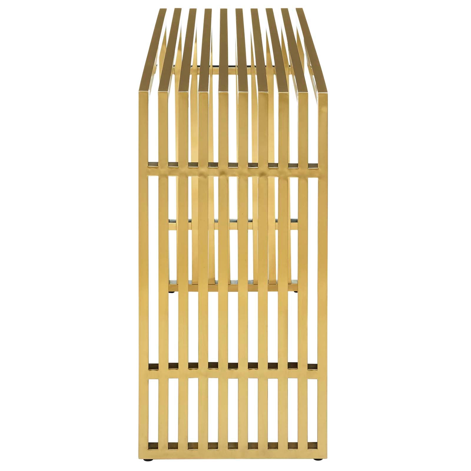 Straight-on side view of gold tubular steel console table showing full rail depth and structure