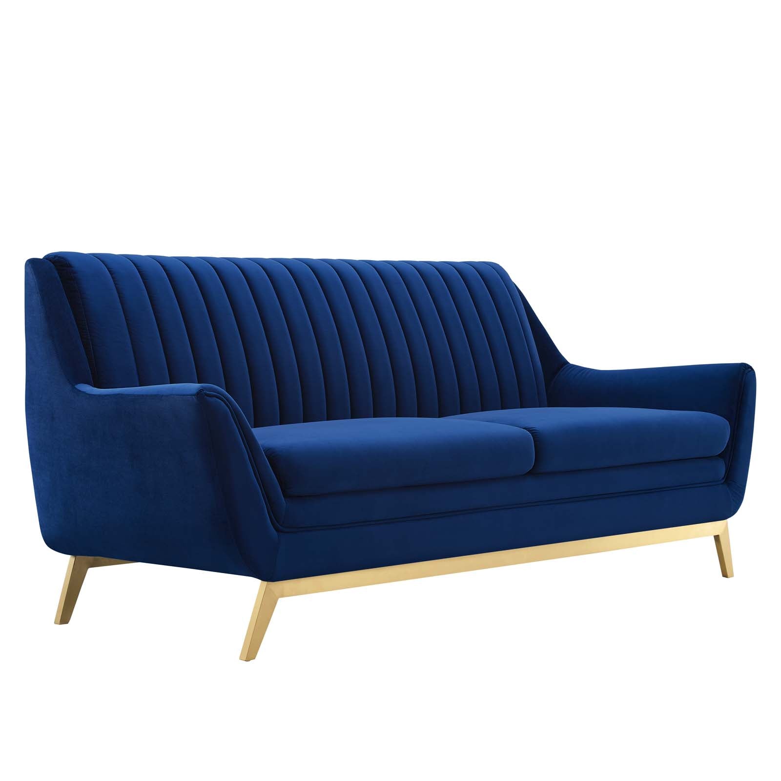 Navy channel-tufted velvet sofa with flared arms and brushed gold legs, shown at a front angle