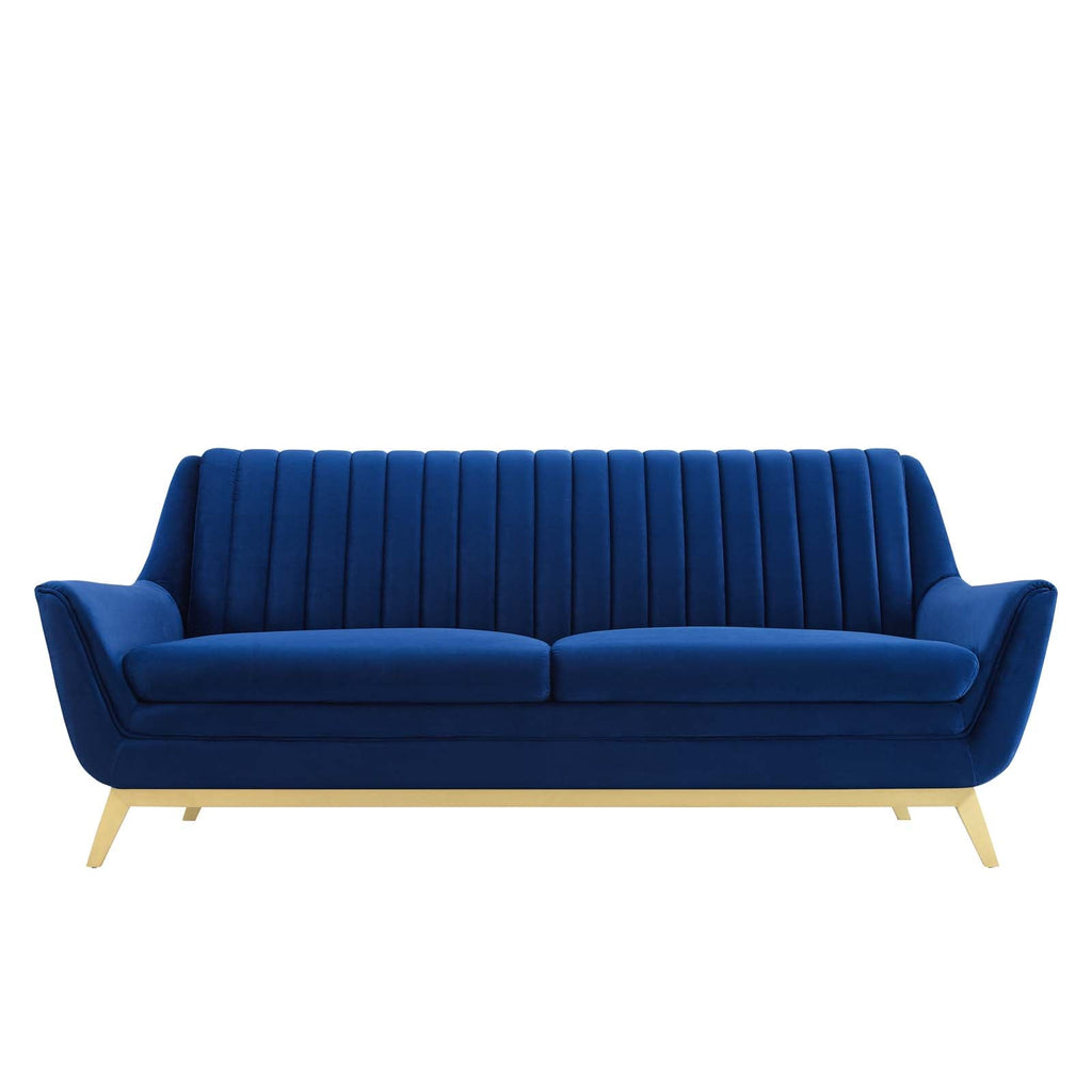 Straight-on front view of the Winsome Sofa showing flared arms and brushed gold legs