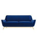 Straight-on front view of the Winsome Sofa showing flared arms and brushed gold legs