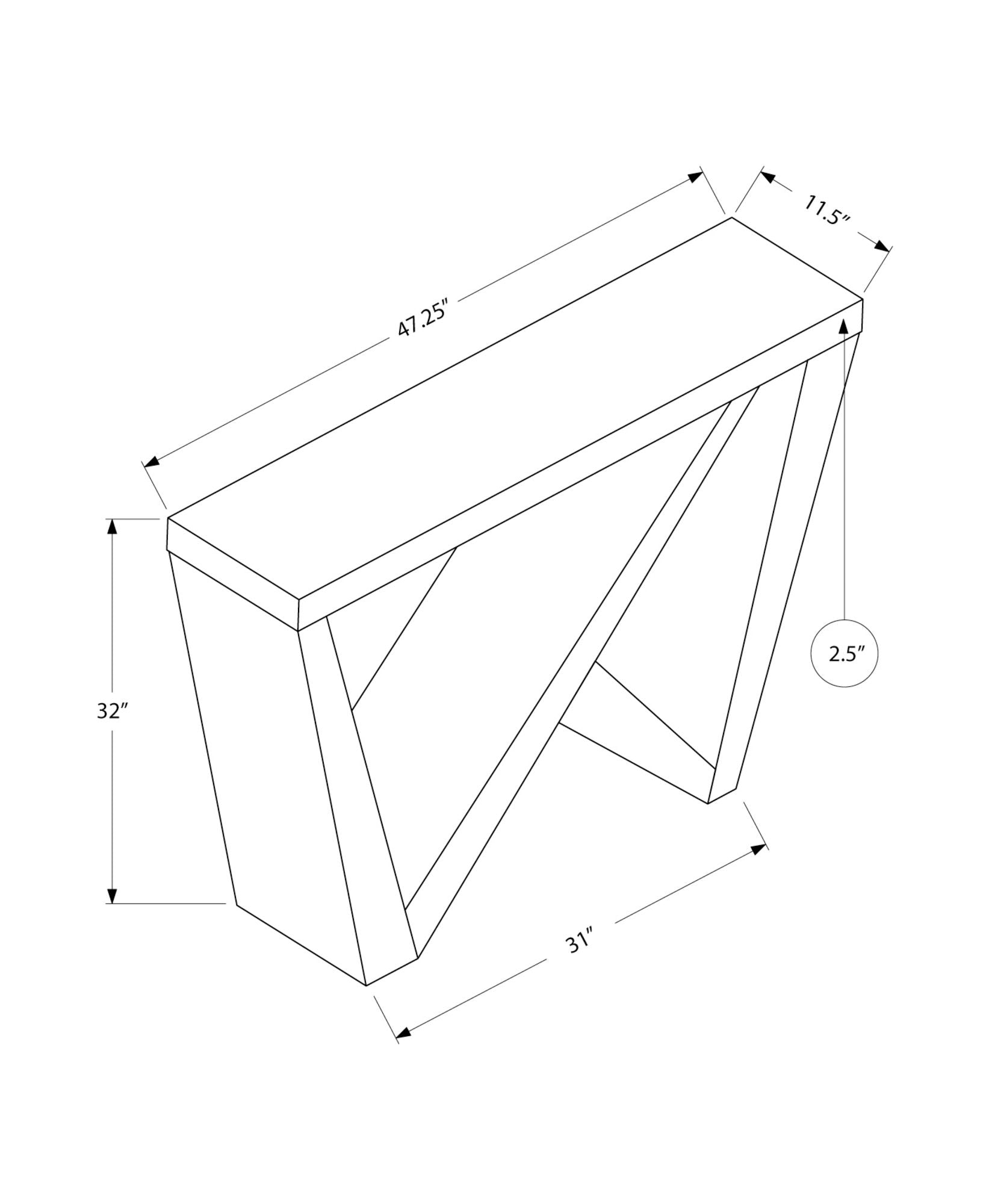 Line drawing of console table showing 47.25 inch width, 11.5 inch depth, 32 inch height, and 2.5 inch tabletop thickness