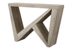 Light light brown console table with angled wedge legs and open triangular base
