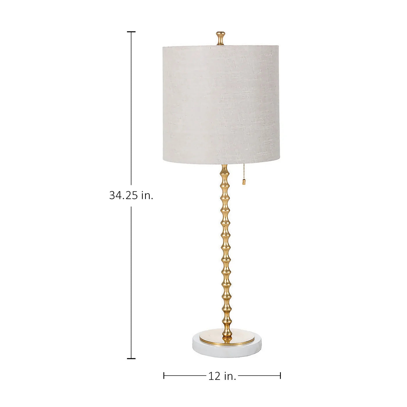 Dimension view of the Adèle Table Lamp showing its tall, narrow proportions and 12-inch-wide footprint.